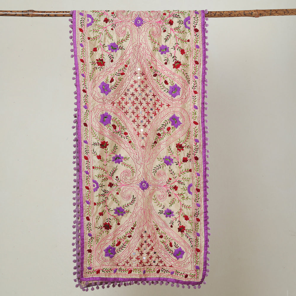 Purple - Ranihati Chapa Work Phulkari Embroidery Chanderi Silk Stole with Pom Pom