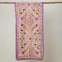 Purple - Ranihati Chapa Work Phulkari Embroidery Chanderi Silk Stole with Pom Pom