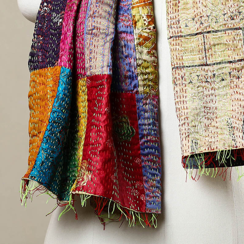 Multicolor - Reversible Patchwork Silk Bengal Kantha Stitch Stole 113