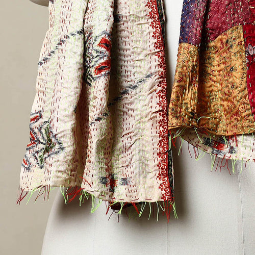 Multicolor - Reversible Patchwork Silk Bengal Kantha Stitch Stole 115