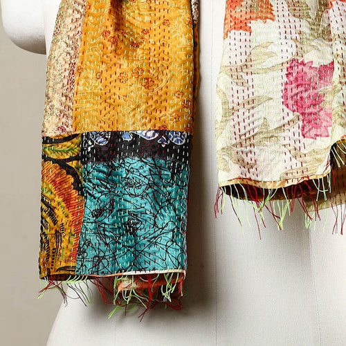 Multicolor - Reversible Patchwork Silk Bengal Kantha Stitch Stole 116