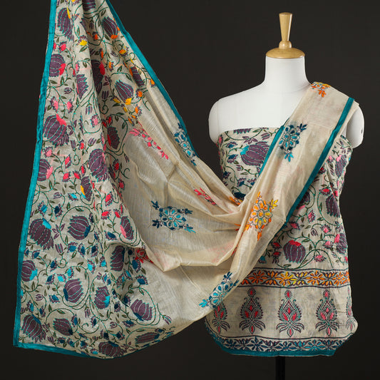 Beige - 3pc Phulkari Embroidery Chanderi Silk Printed Suit Material Set 69