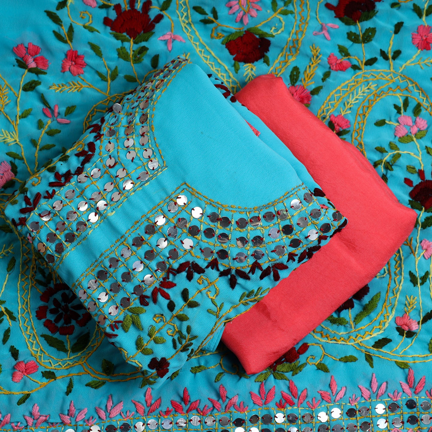 Blue - 3pc Phulkari Embroidery Chapa Work Georgette Suit Material Set 67