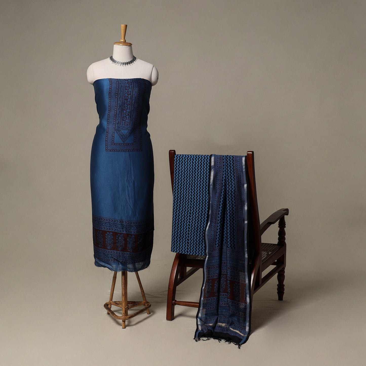 Bagh Hand Block Print Natural Dyed Chanderi Silk 3pc Unstitched Dress Material Suit Set 19