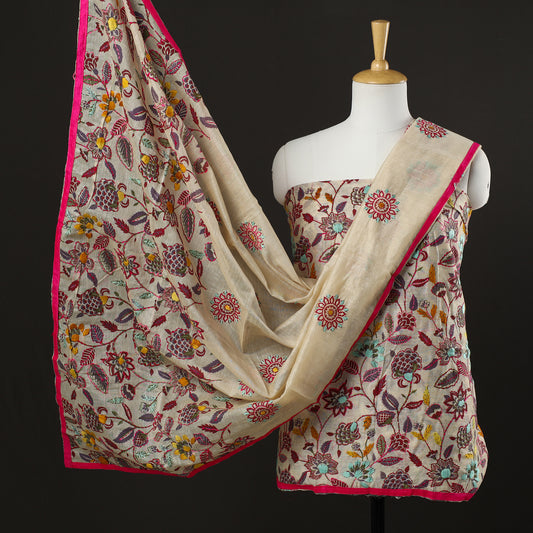 Beige - 3pc Phulkari Embroidery Chanderi Silk Printed Suit Material Set 70