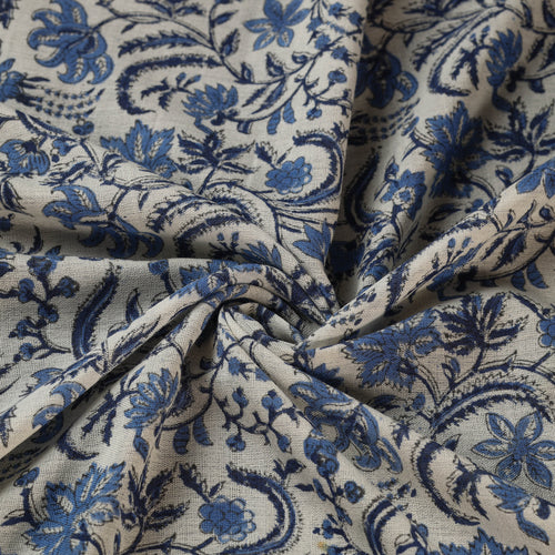 Blue - Sanganeri Block Print Pure Wool Fabric 15