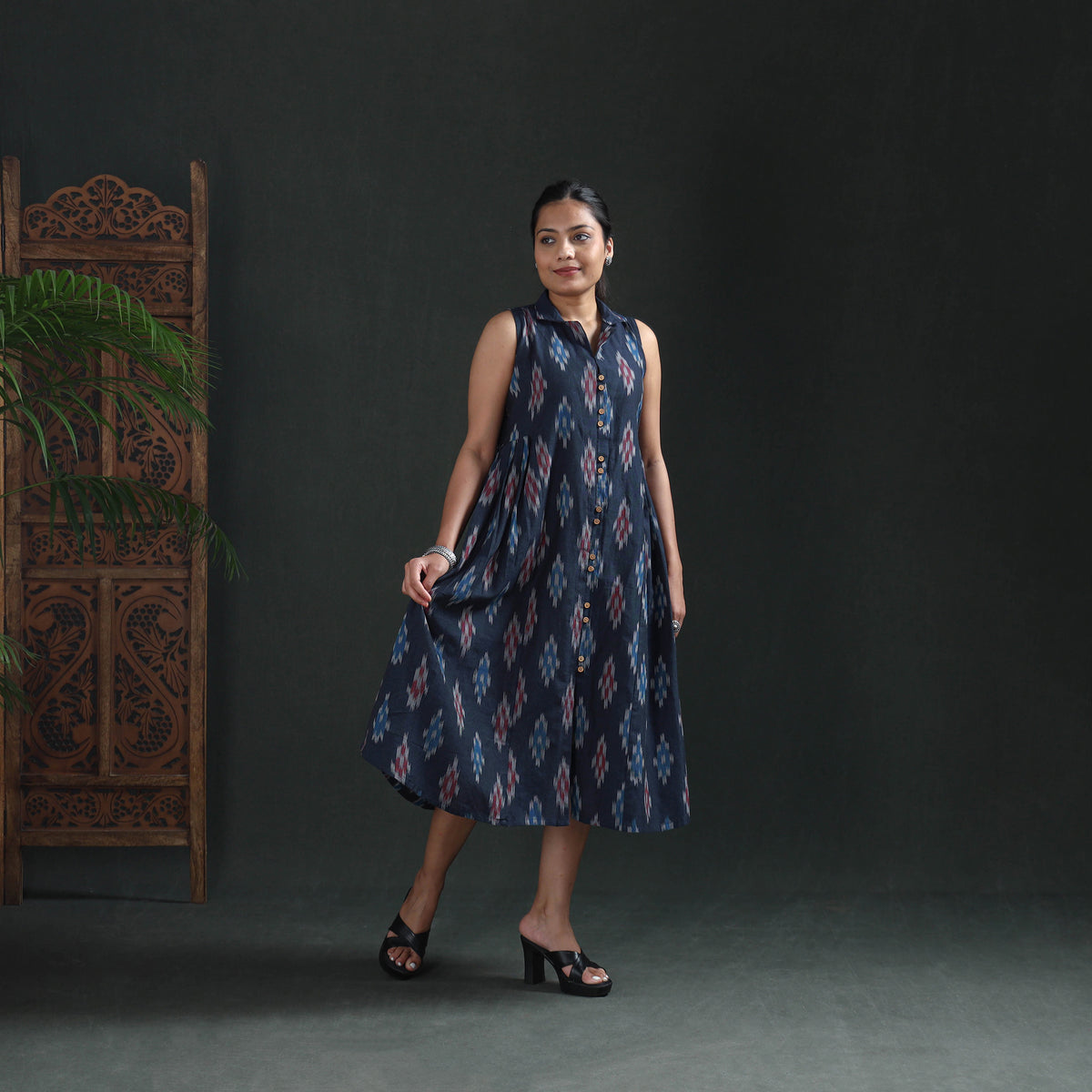 Pochampally Ikat Cotton Sleeveless Buttoned Down Long Dress for Women 15