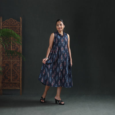 Pochampally Ikat Cotton Sleeveless Buttoned Down Long Dress for Women 15
