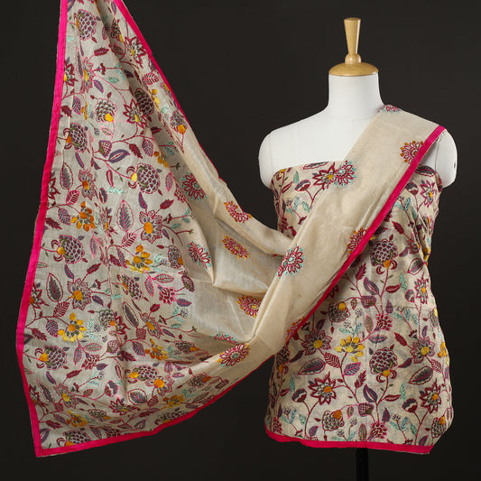 Beige - 3pc Phulkari Embroidery Chanderi Silk Printed Suit Material Set 72