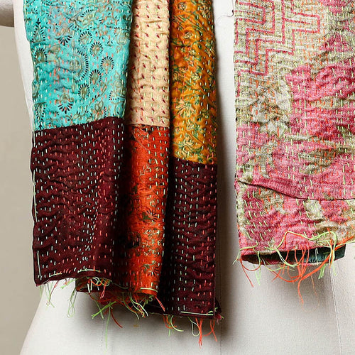 Multicolor - Reversible Patchwork Silk Bengal Kantha Stitch Stole 125