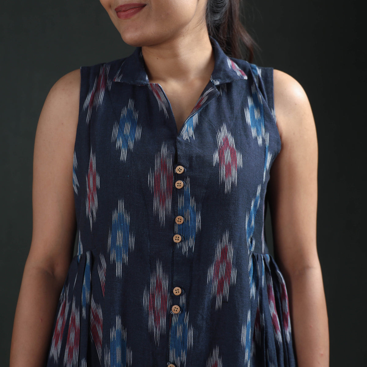 Pochampally Ikat Cotton Sleeveless Buttoned Down Long Dress for Women 15