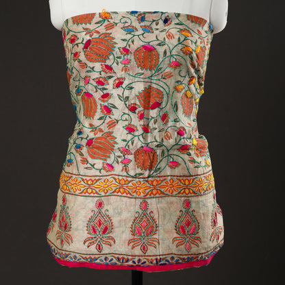 Beige - 3pc Phulkari Embroidery Chanderi Silk Printed Suit Material Set 73
