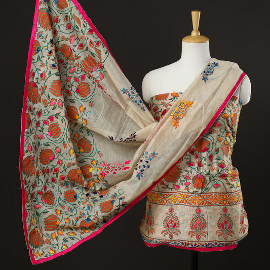 Beige - 3pc Phulkari Embroidery Chanderi Silk Printed Suit Material Set 73