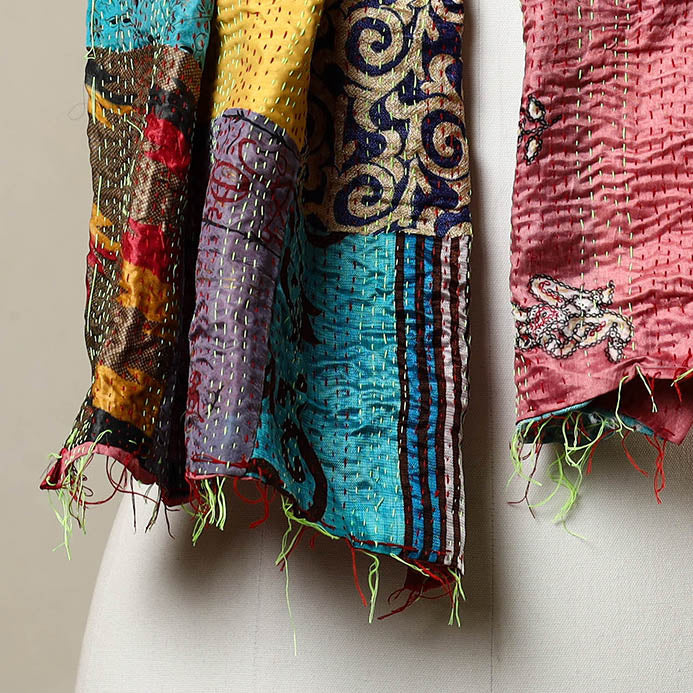 Multicolor - Reversible Patchwork Silk Bengal Kantha Stitch Stole 129