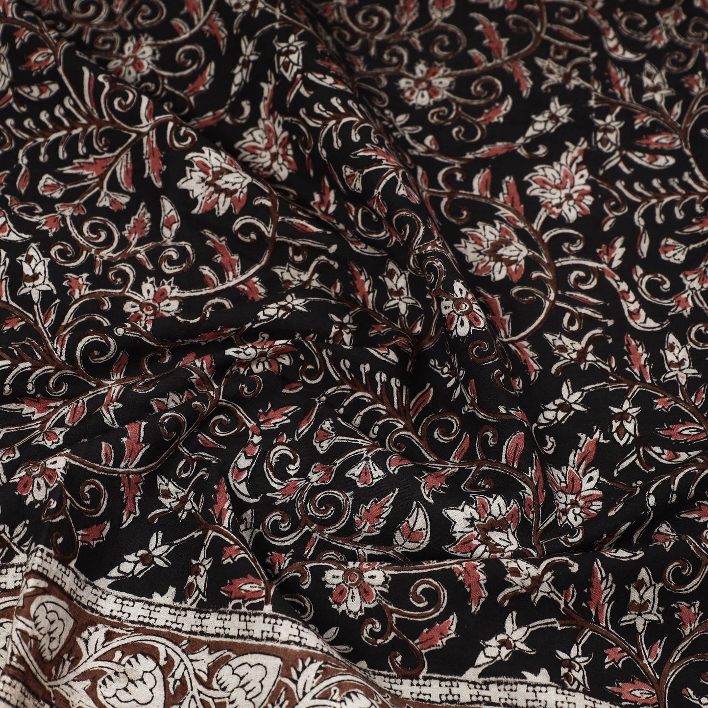 Black - Pedana Kalamkari Block Printed Natural Dyed Cotton Scarf 37