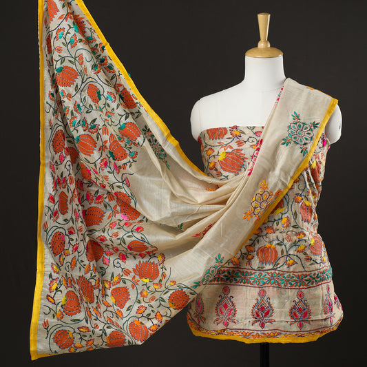 Beige - 3pc Phulkari Embroidery Chanderi Silk Printed Suit Material Set 74
