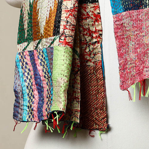 Multicolor - Reversible Patchwork Silk Bengal Kantha Stitch Stole 136