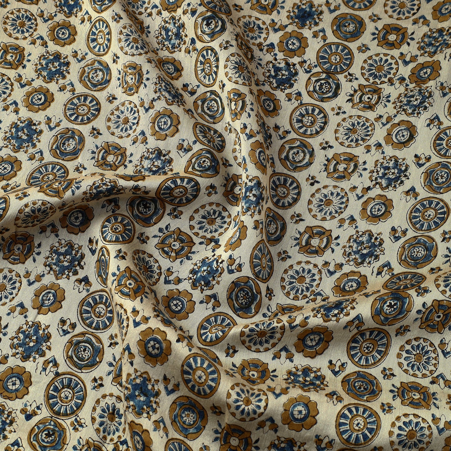 Beige - Ajrakh Block Printed Natural Dyed Chanderi Silk Fabric 04