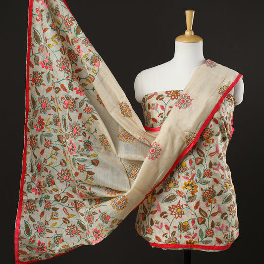 Beige - 3pc Phulkari Embroidery Chanderi Silk Printed Suit Material Set 76