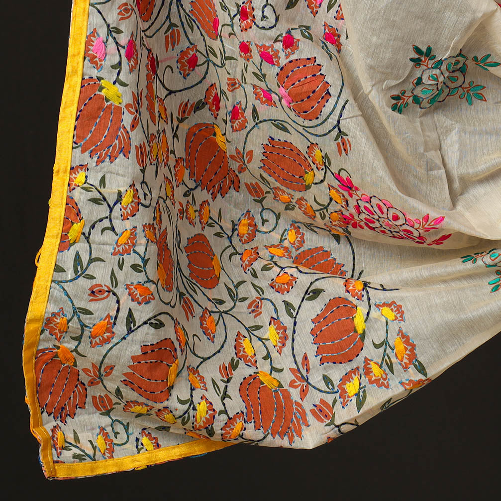 Beige - 3pc Phulkari Embroidery Chanderi Silk Printed Suit Material Set 77