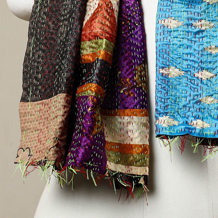 Multicolor - Reversible Patchwork Silk Bengal Kantha Stitch Stole 141