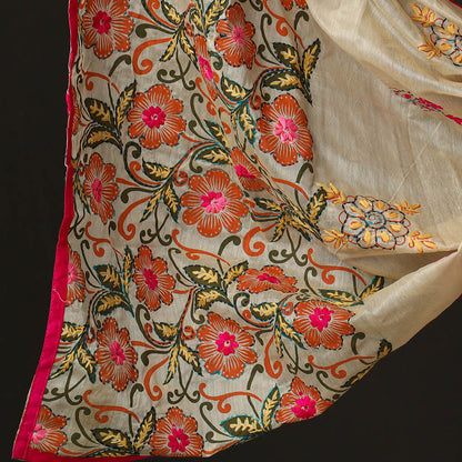 Beige - 3pc Phulkari Embroidery Chanderi Silk Printed Suit Material Set 78