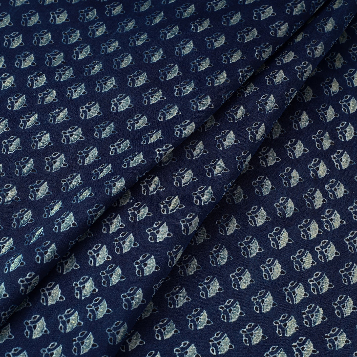 Blue - Ajrakh Block Printed Natural Dyed Chanderi Silk Fabric 07
