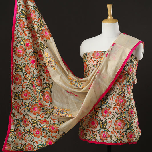 Beige - 3pc Phulkari Embroidery Chanderi Silk Printed Suit Material Set 78