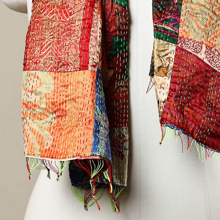 Multicolor - Reversible Patchwork Silk Bengal Kantha Stitch Stole 145