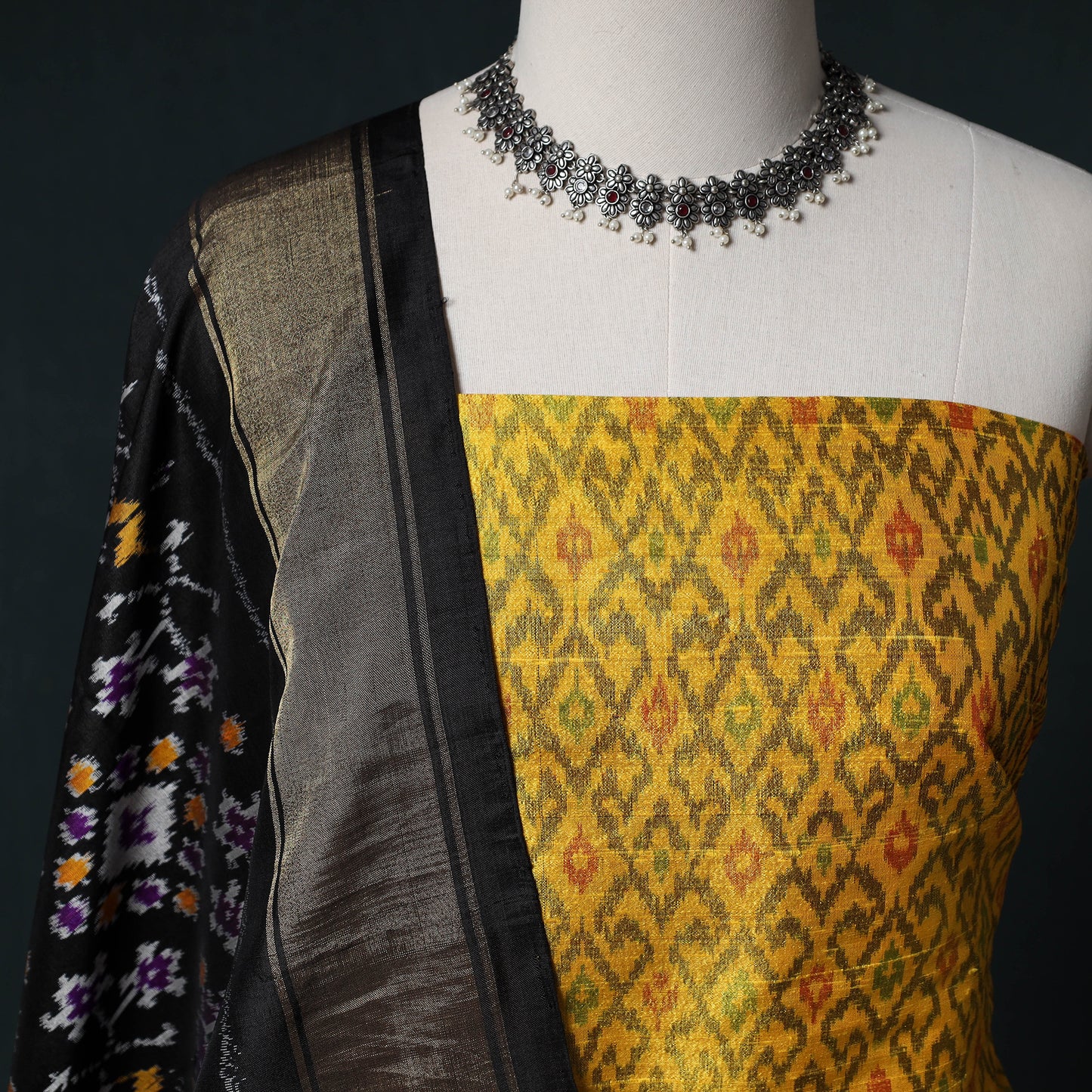 Pochampally Ikat Handwoven Pure Silk 2pc Unstitched Dress Material Kurta Set 03
