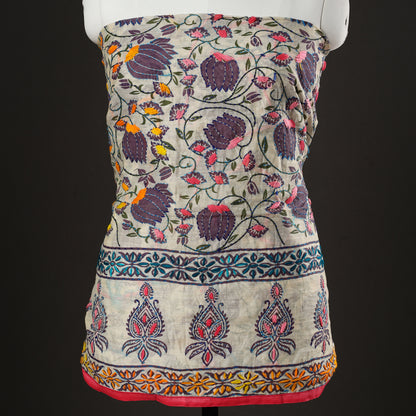 Beige - 3pc Phulkari Embroidery Chanderi Silk Printed Suit Material Set 79