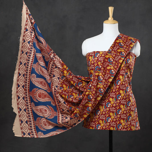 Red - 2pc Kalamkari Printed Cotton Suit Material Set