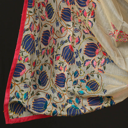 Beige - 3pc Phulkari Embroidery Chanderi Silk Printed Suit Material Set 79