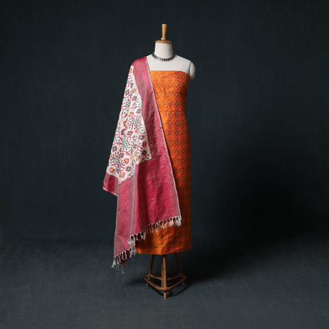 Pochampally Ikat Handwoven Pure Silk 2pc Unstitched Dress Material Kurta Set 04