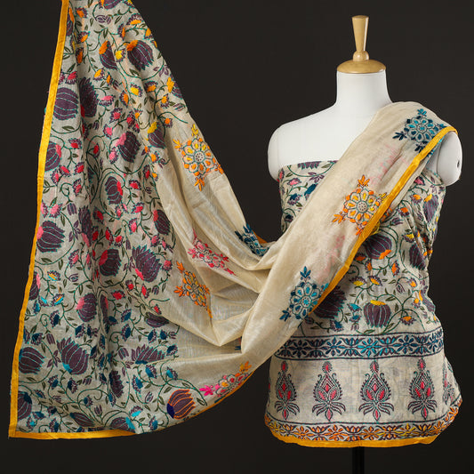 Beige - 3pc Phulkari Embroidery Chanderi Silk Printed Suit Material Set 80