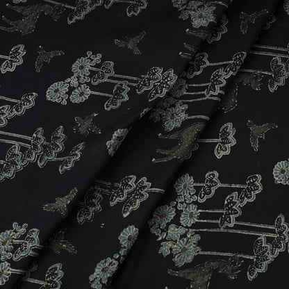 Black - Ajrakh Block Printed Natural Dyed Chanderi Silk Fabric 11