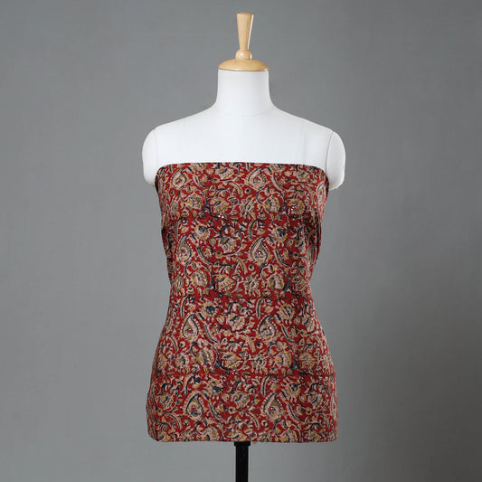 Red - Kalamkari Block Printed Sequin Work Cotton Kurta Material - 2.6 Meter