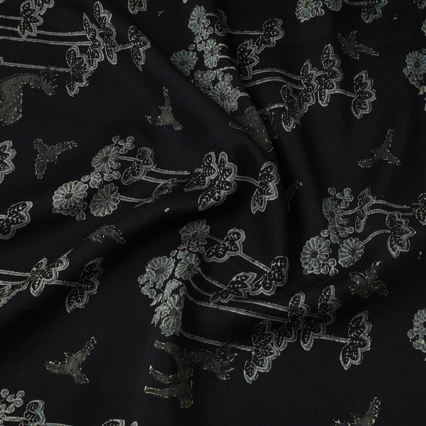 Black - Ajrakh Block Printed Natural Dyed Chanderi Silk Fabric 11