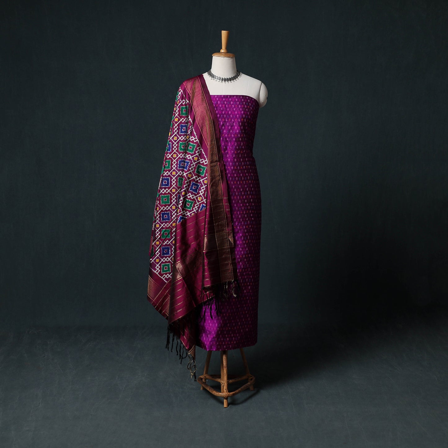 Pochampally Ikat Handwoven Pure Silk 2pc Unstitched Dress Material Kurta Set 05