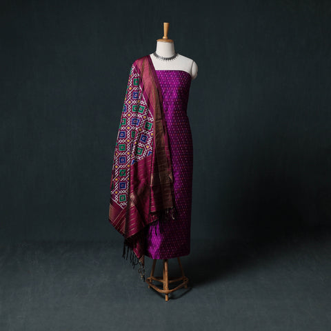 Pochampally Ikat Handwoven Pure Silk 2pc Unstitched Dress Material Kurta Set 05