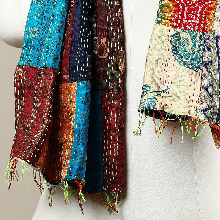 Multicolor - Reversible Patchwork Silk Bengal Kantha Stitch Stole 156