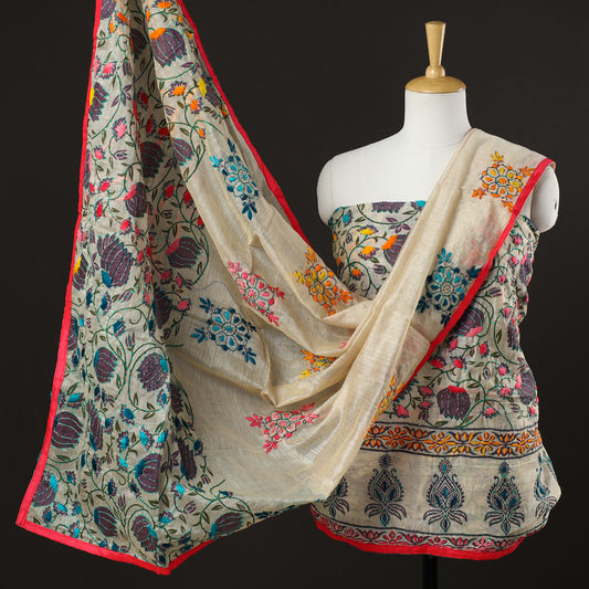 Beige - 3pc Phulkari Embroidery Chanderi Silk Printed Suit Material Set 81