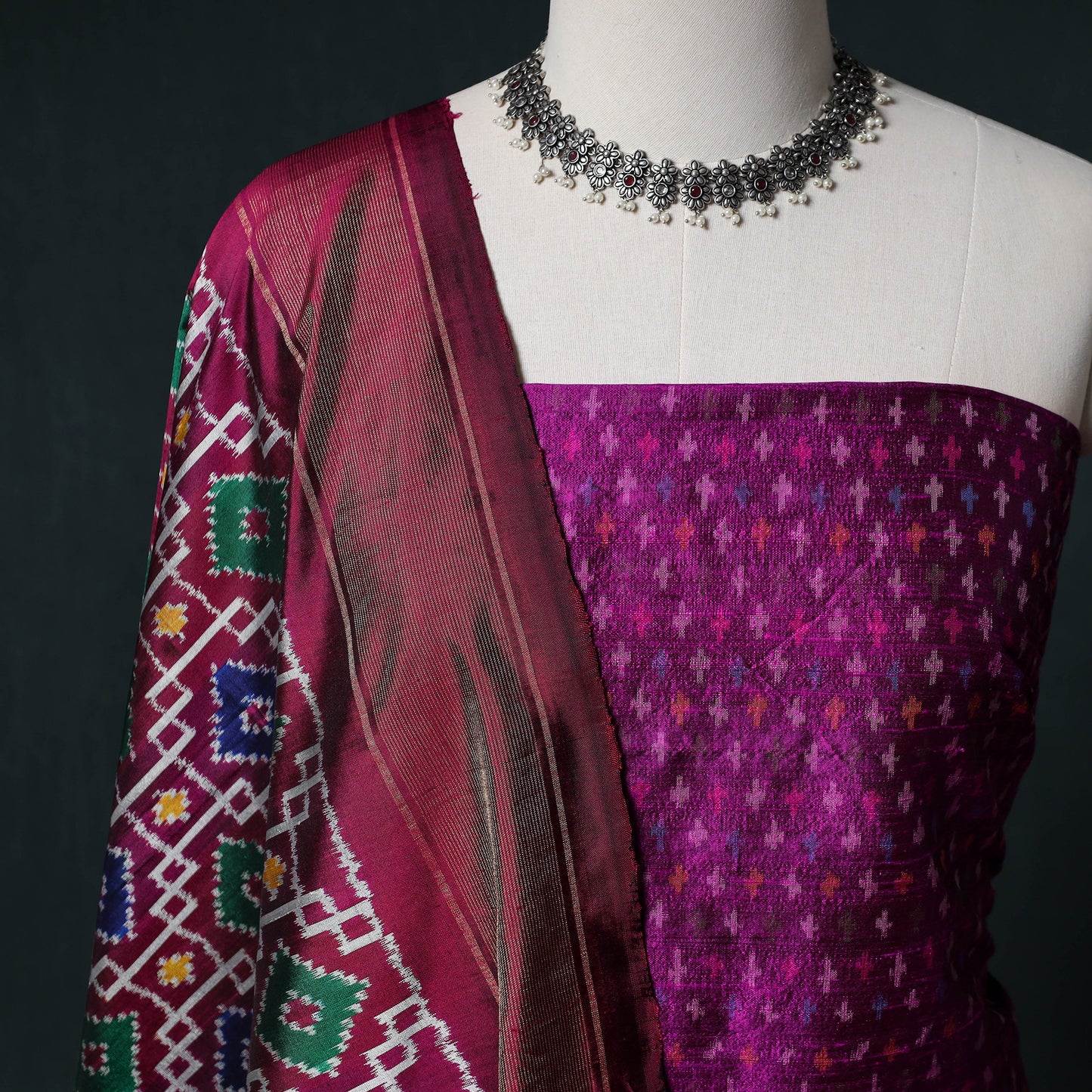 Pochampally Ikat Handwoven Pure Silk 2pc Unstitched Dress Material Kurta Set 05