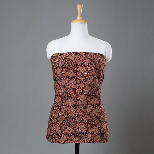 Maroon - Kalamkari Block Printed Sequin Work Cotton Kurta Material - 2.6 Meter