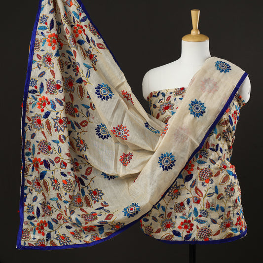 Beige - 3pc Phulkari Embroidery Chanderi Silk Printed Suit Material Set 82