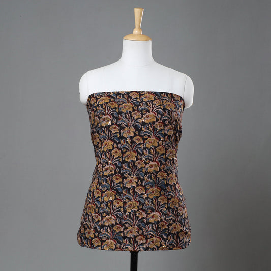 Multicolor - Kalamkari Block Printed Sequin Work Cotton Kurta Material - 2.6 Meter