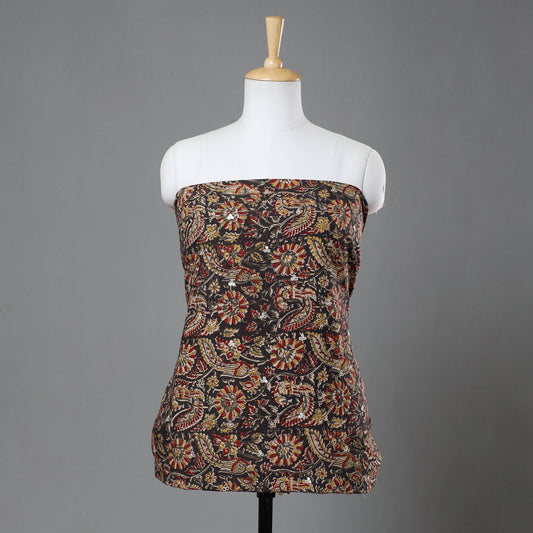 Multicolor - Kalamkari Block Printed Sequin Work Cotton Kurta Material - 2.6 Meter