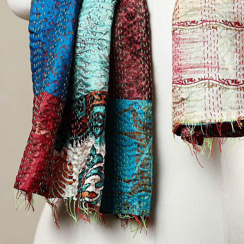 Multicolor - Reversible Patchwork Silk Bengal Kantha Stitch Stole 166