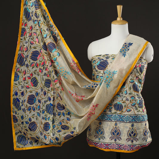 Beige - 3pc Phulkari Embroidery Chanderi Silk Printed Suit Material Set 83