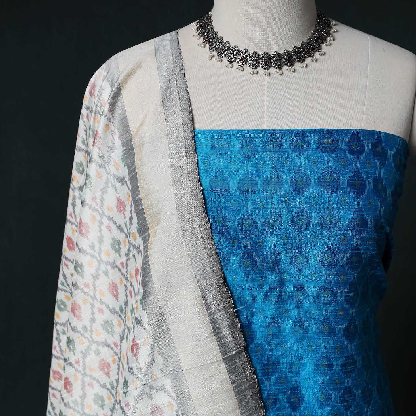 Pochampally Ikat Handwoven Pure Silk 2pc Unstitched Dress Material Kurta Set 07